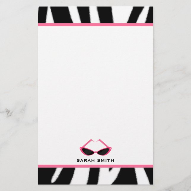 Zebra Print & Retro Pink Sunglasses Stationery (Front)