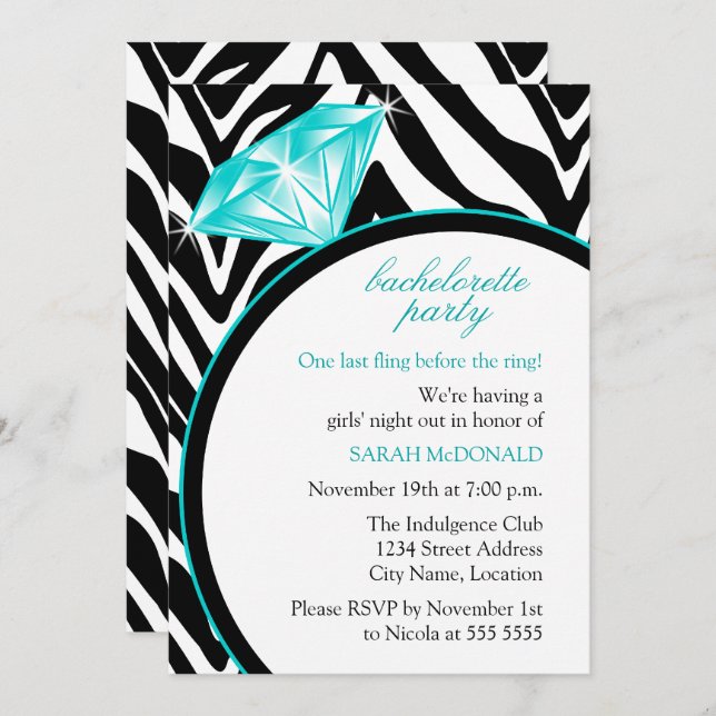 Zebra Print & Ring  Bachelorette Party Invitation (Front/Back)