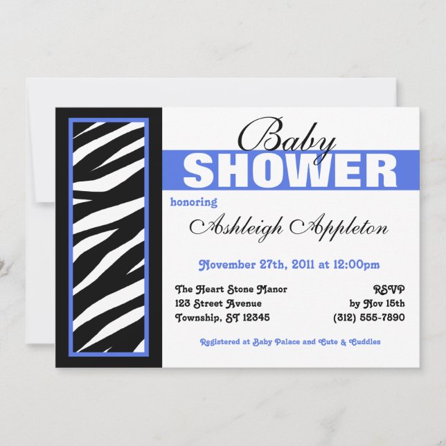 Zebra Print Side Blue Baby Shower Invitations (Front)