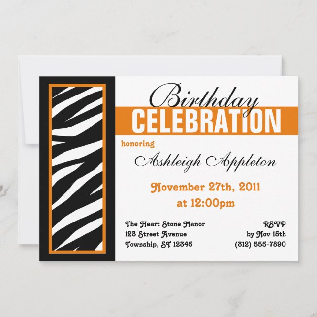 Zebra Print Side Orange Birthday Party Invitations (Front)
