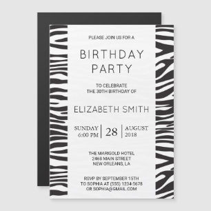 Zebra Print, Stripes, Black And White, Birthday Magnetic Invitation