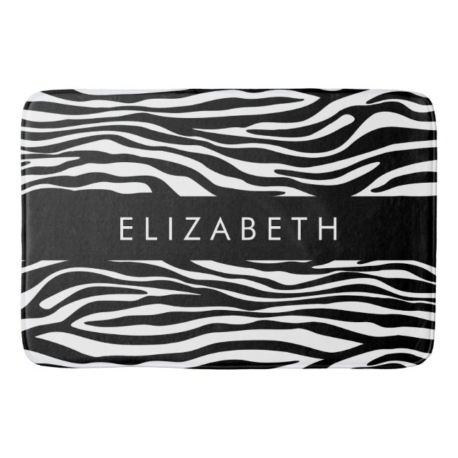 Zebra Print, Stripes, Black And White, Your Name Bath Mat (Front)