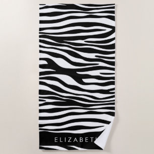 Zebra Print, Stripes, Black And White, Your Name Beach Towel