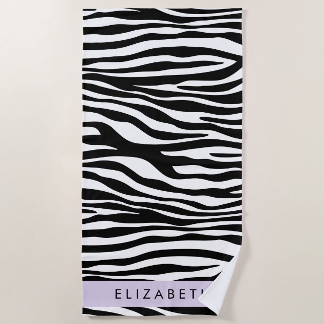 Zebra Print, Stripes, Black And White, Your Name Beach Towel (Front)