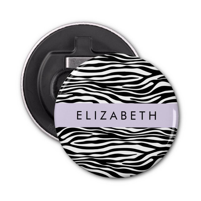 Zebra Print, Stripes, Black And White, Your Name Bottle Opener (Front)