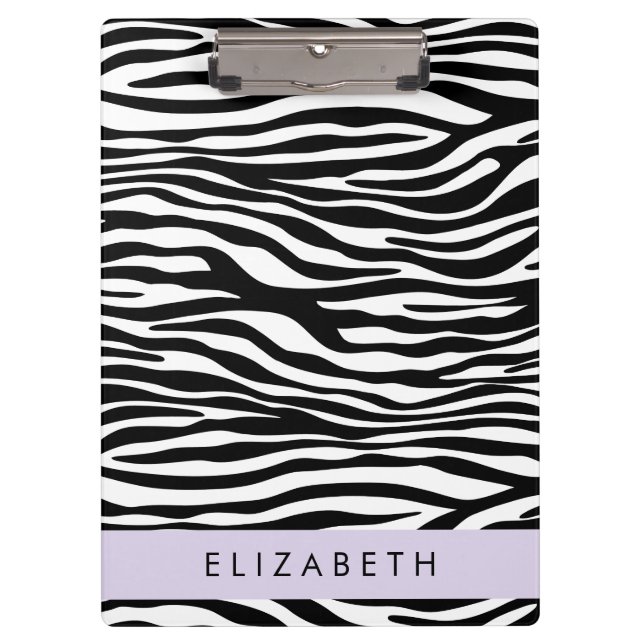 Zebra Print, Stripes, Black And White, Your Name Clipboard (Front)