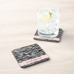 Zebra Print, Stripes, Black And White, Your Name Coaster