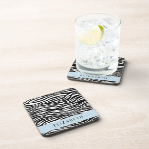 Zebra Print, Stripes, Black And White, Your Name Coaster