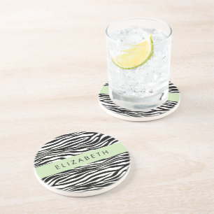 Zebra Print, Stripes, Black And White, Your Name Coaster