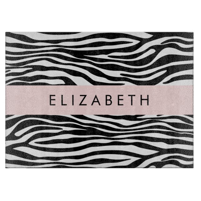 Zebra Print, Stripes, Black And White, Your Name Cutting Board (Front)