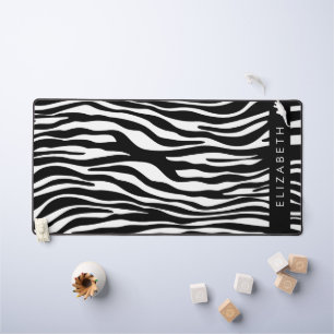Zebra Print, Stripes, Black And White, Your Name Desk Mat