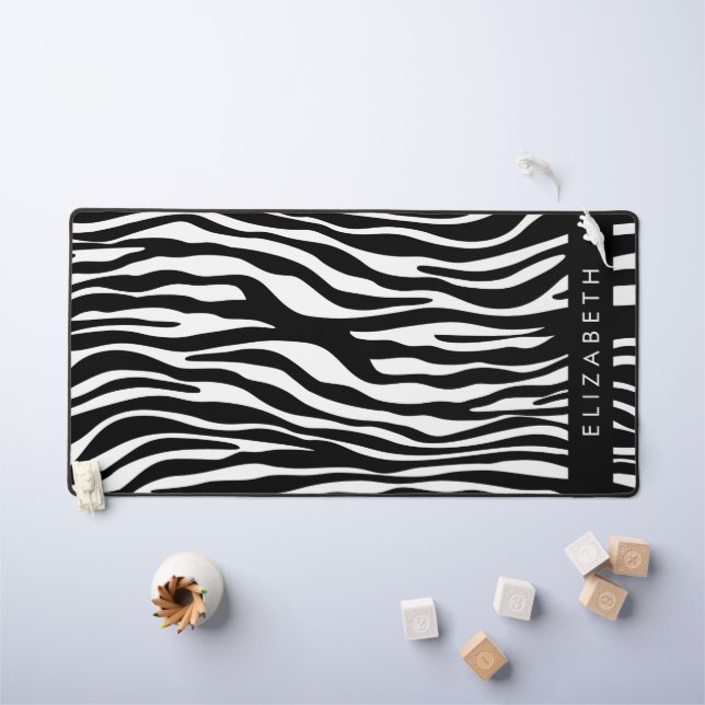 Zebra Print, Stripes, Black And White, Your Name Desk Mat (Kids Table)