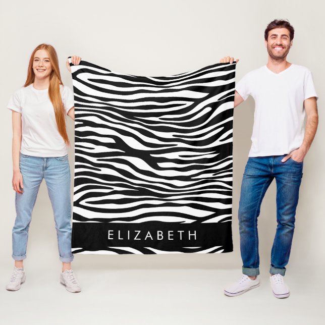 Zebra Print, Stripes, Black And White, Your Name Fleece Blanket (In Situ)