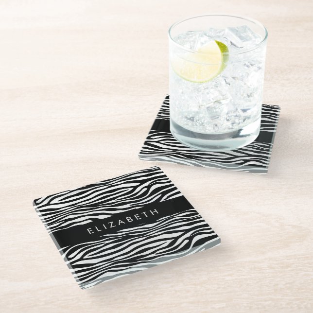 Zebra Print, Stripes, Black And White, Your Name Glass Coaster (Angled)