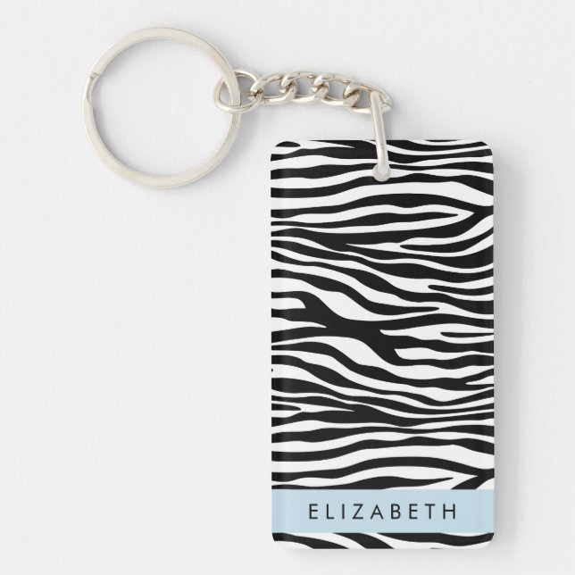 Zebra Print, Stripes, Black And White, Your Name Key Ring (Front)