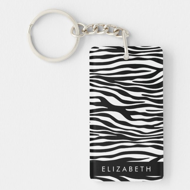 Zebra Print, Stripes, Black And White, Your Name Key Ring (Front)