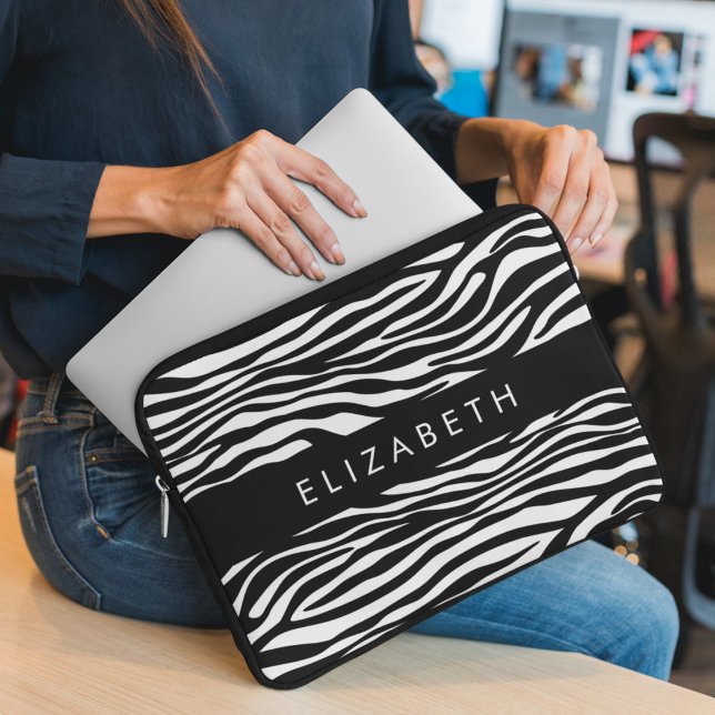 Zebra Print, Stripes, Black And White, Your Name Laptop Sleeve (Creator Uploaded)