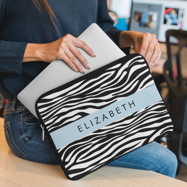 Zebra Print, Stripes, Black And White, Your Name Laptop Sleeve (Creator Uploaded)