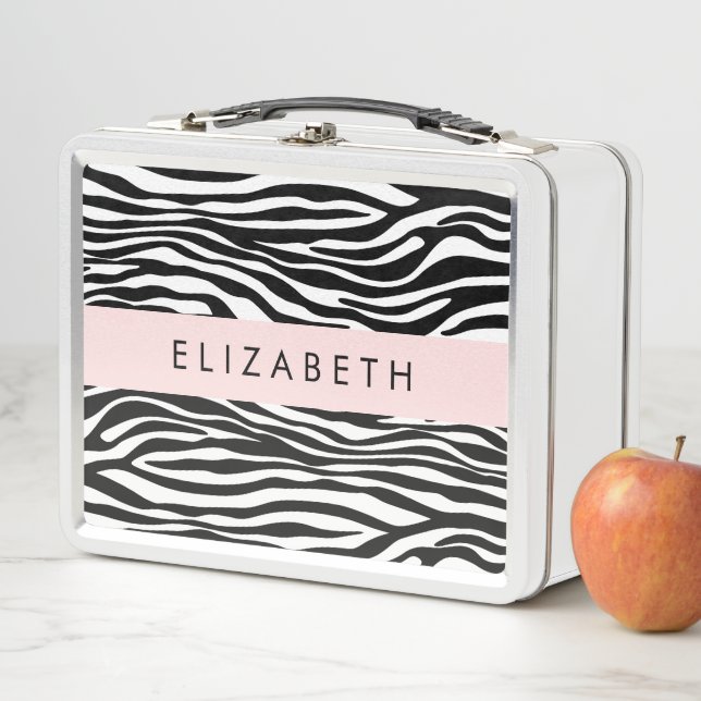 Zebra Print, Stripes, Black And White, Your Name Metal Lunch Box (In Situ)