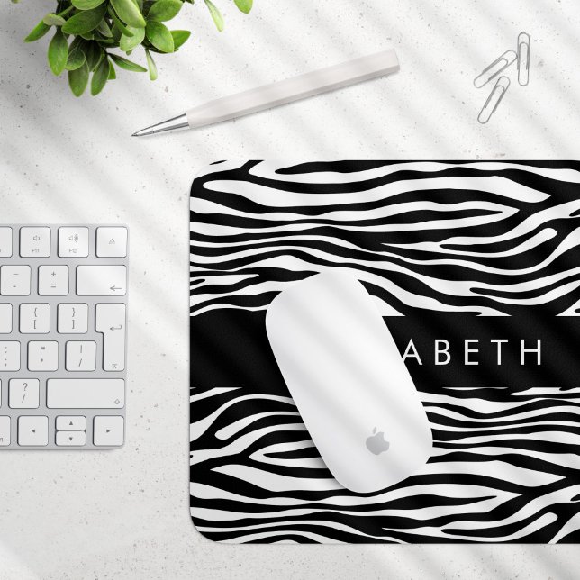 Zebra Print, Stripes, Black And White, Your Name Mouse Pad (Creator Uploaded)