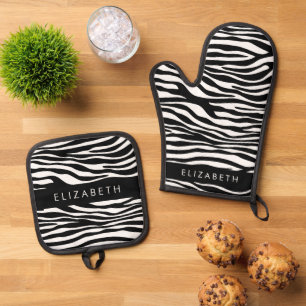 Zebra Print, Stripes, Black And White, Your Name Oven Mitt & Pot Holder Set