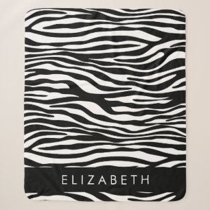 Zebra Print, Stripes, Black And White, Your Name Sherpa Blanket