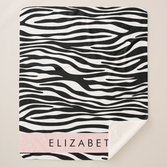 Zebra Print, Stripes, Black And White, Your Name Sherpa Blanket (Front)