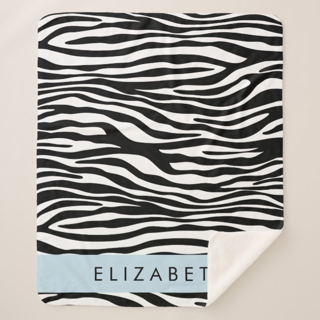 Zebra Print, Stripes, Black And White, Your Name Sherpa Blanket (Front)