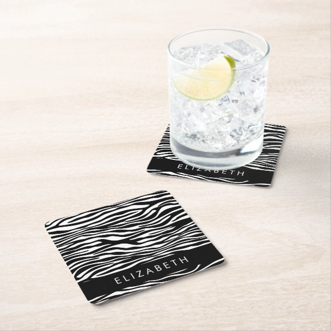 Zebra Print, Stripes, Black And White, Your Name Square Paper Coaster (Insitu)