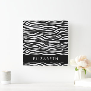 Zebra Print, Stripes, Black And White, Your Name Square Wall Clock