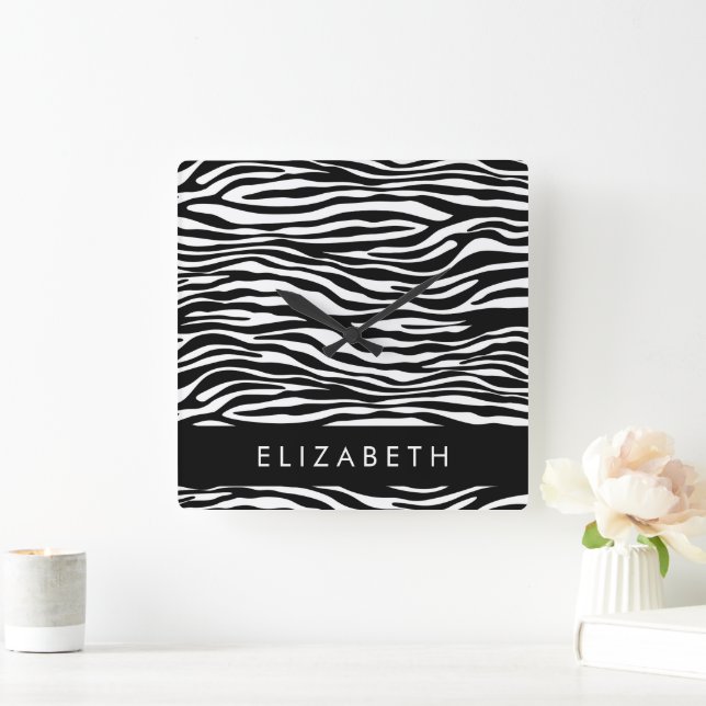Zebra Print, Stripes, Black And White, Your Name Square Wall Clock (Home)