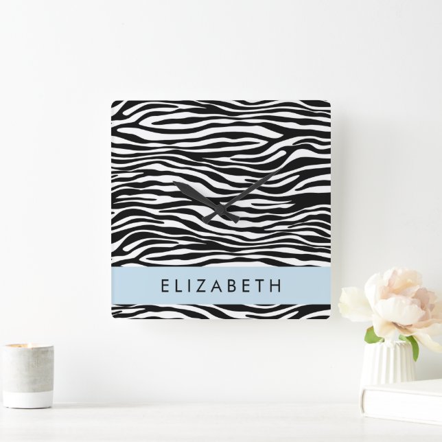 Zebra Print, Stripes, Black And White, Your Name Square Wall Clock (Home)