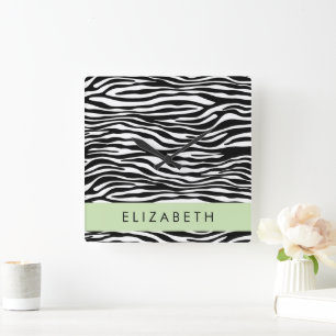 Zebra Print, Stripes, Black And White, Your Name Square Wall Clock