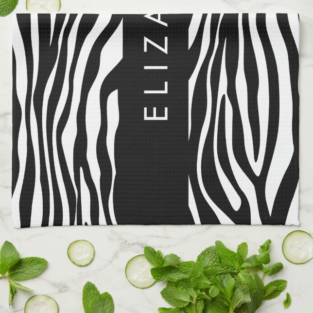 Zebra Print, Stripes, Black And White, Your Name Tea Towel (Folded)
