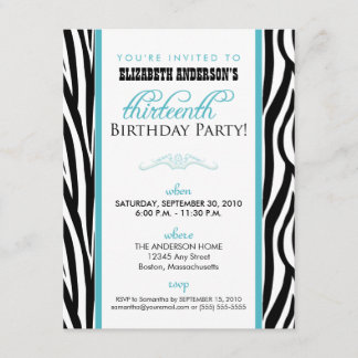 Zebra Print Sweet 13 Party Invitation (aqua)