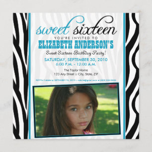 Zebra Print Sweet 16 Party Invitation (aqua blue)