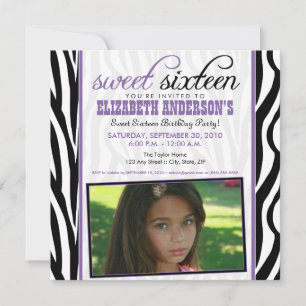 Zebra Print Sweet 16 Party Invitation (purple)