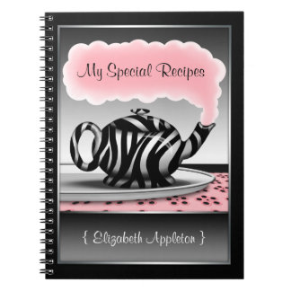 Zebra Print Teapot Pink & Black Recipe Notebook