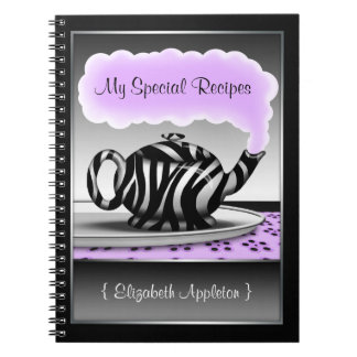 Zebra Print Teapot Purple & Black Recipe Notebook