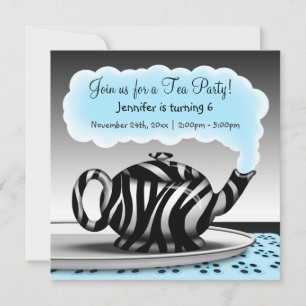 Zebra Print Teapot Tea Party Birthday Invitations