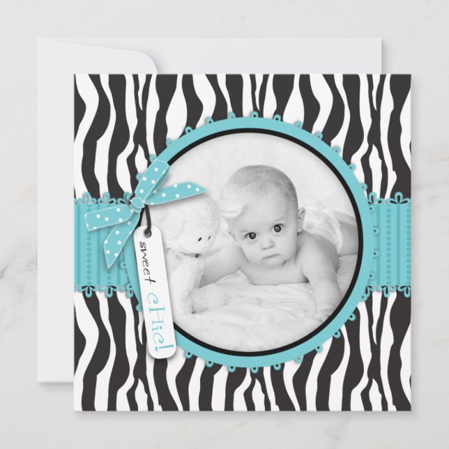 Zebra Print Turquoise Accent Birth Announcement (Front)