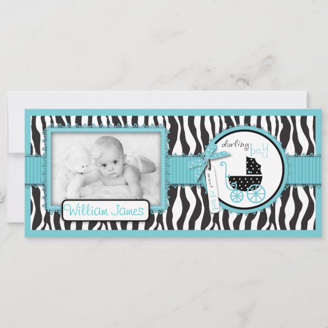 Zebra Print Turquoise Accent Birth Announcement (Front)
