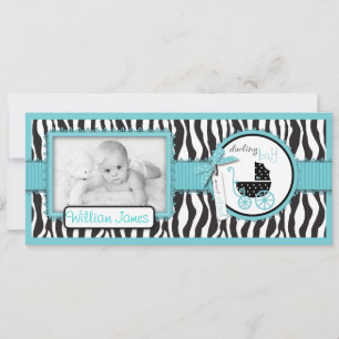 Zebra Print Turquoise Accent Birth Announcement