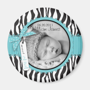 Zebra Print Turquoise Accent Birth Announcement Magnet