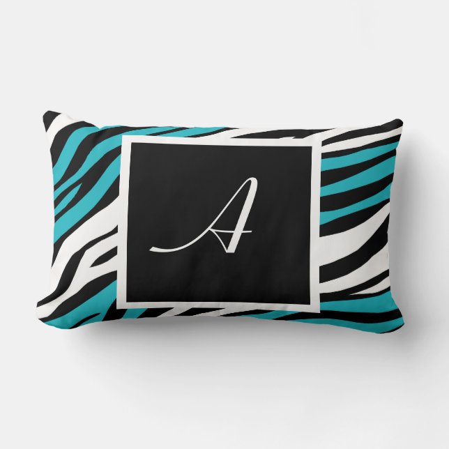Zebra Print Turquoise Monogram Lumbar Pillow (Front)