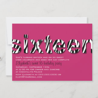Zebra Print Typography Design Sweet 16 Invitation