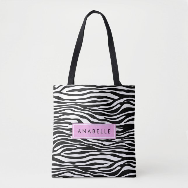 Zebra Print, Zebra, Black And White, Your Name Tote Bag (Front)