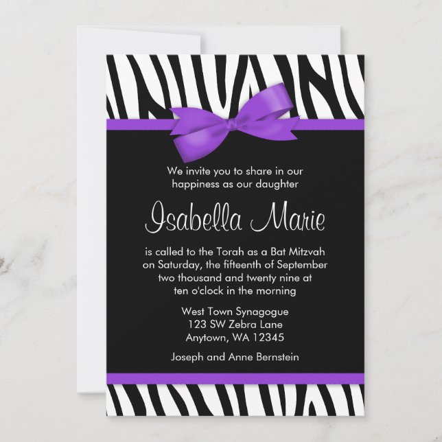 Zebra Purple Printed Bow Bat Mitzvah Invitations (Front)