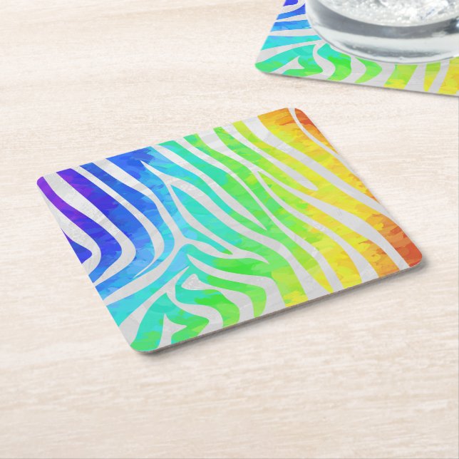 Zebra Rainbow and White Print Square Paper Coaster (Angled)
