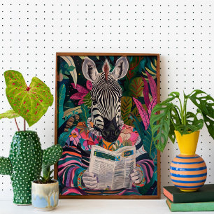 Zebra Reading a Book Maximalist Animal Art Poster